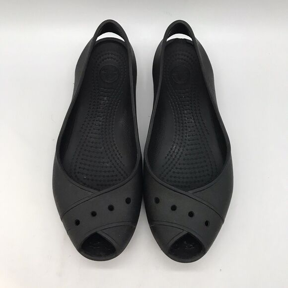 Crocs Farrah Peep Toe Slingback Ballet Flat Women's 8 Black Slip On Comfort Shoe - Picture 5 of 10